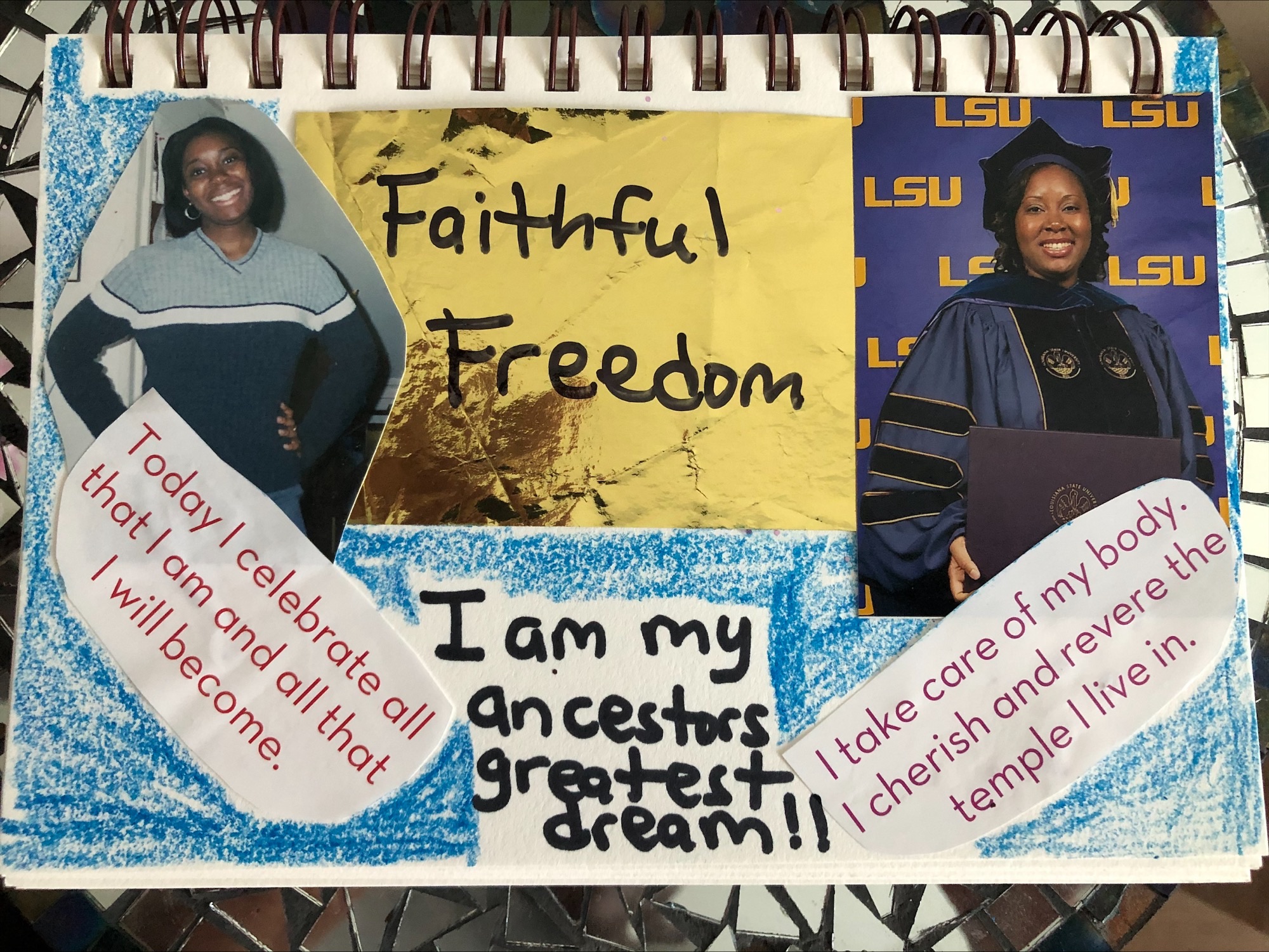 A collage Kyomi Gregory-Martin made, featuring a photo of her at SUNY New Paltz to when she graduated with her Ph.D.